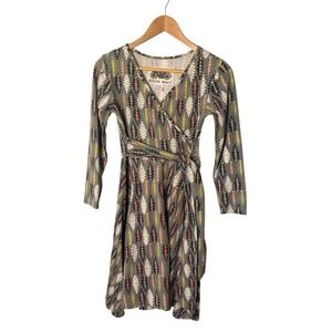 Effie's Heart Dress Women's Small S Leaf Print Faux Wrap Long Sleeve Cotton Rich